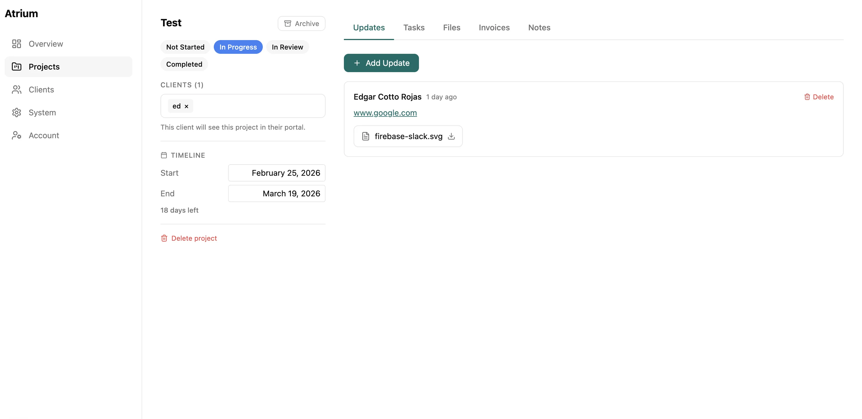 Atrium project dashboard showing project timeline, client assignment, and update feed